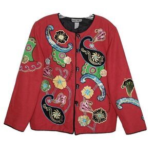 Indigo Moon Floral Patchwork Blazer Jacket M Paisley Embroidered Art To Wear Red